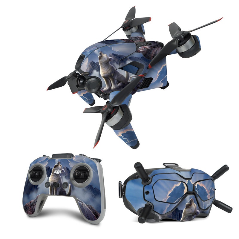 DJI FPV Combo Skin design of Sky, Cloud, Atmosphere, Rock, Wolf, Photography, Cg artwork, Illustration, Mountain, Mythology, with white, blue, gray, brown colors