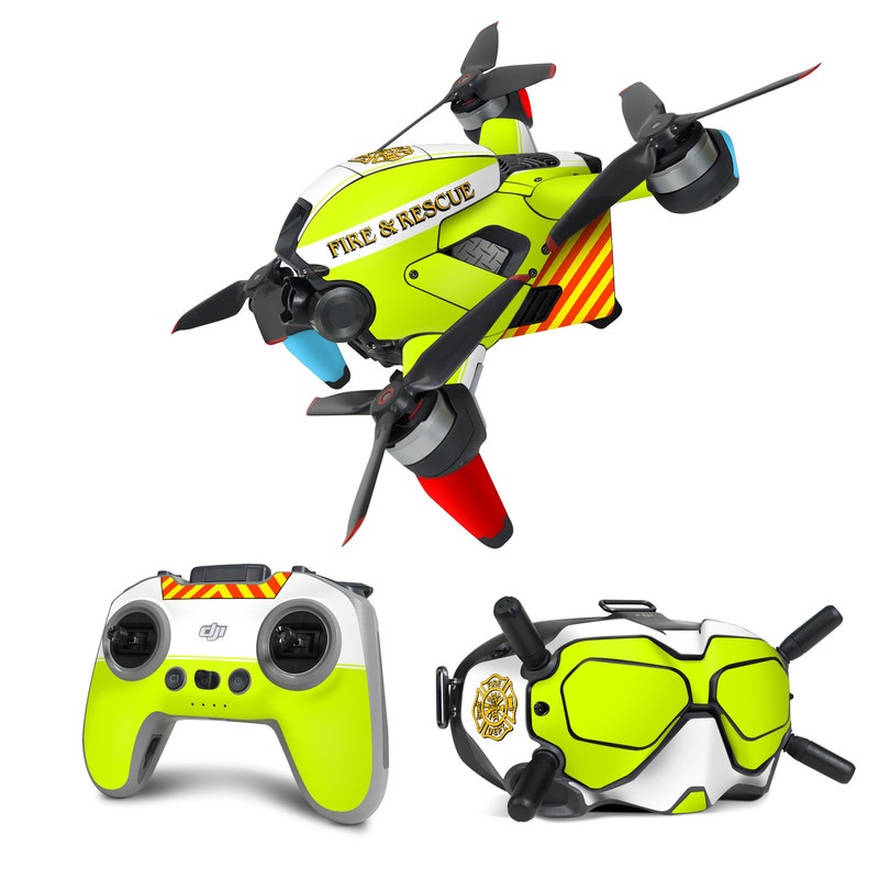 DJI FPV Combo Skin design of Yellow, Line, Font, Military rank, with white, green, red, yellow colors