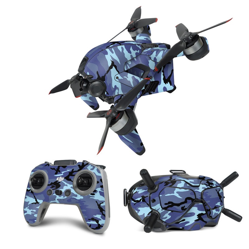 DJI FPV Combo Skin design of Military camouflage, Pattern, Blue, Aqua, Teal, Design, Camouflage, Textile, Uniform, with blue, black, gray, purple colors