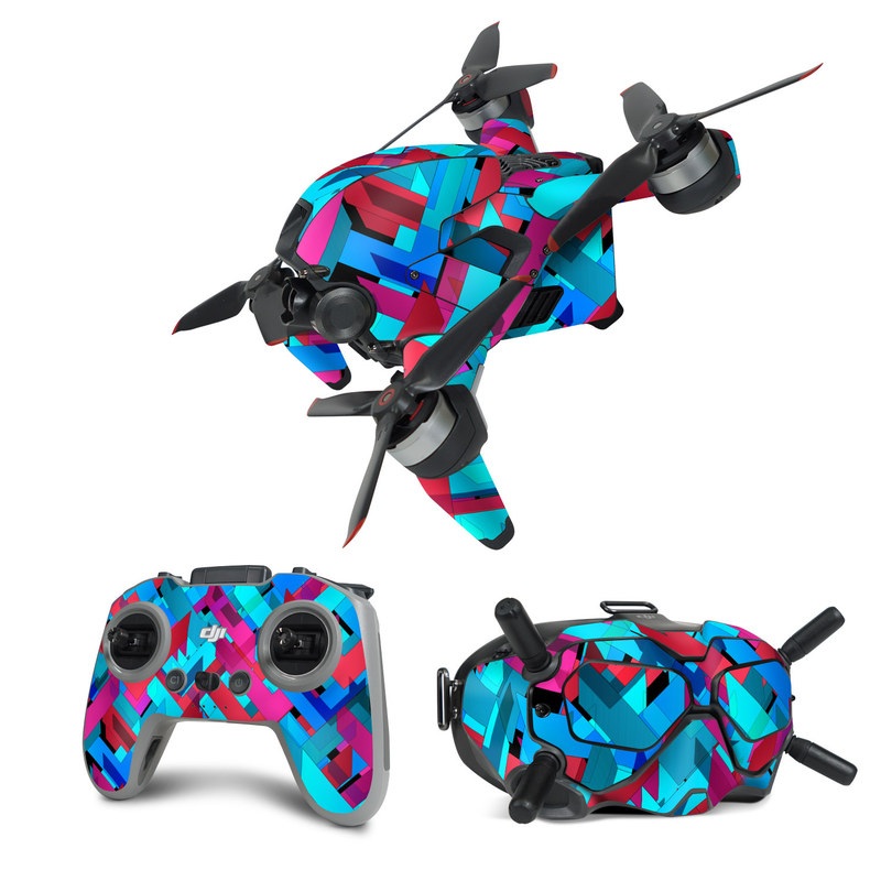DJI FPV Combo Skin design of Pattern, Turquoise, Line, Teal, Magenta, Design, Textile, Symmetry, Colorfulness, with blue, red, purple, black colors