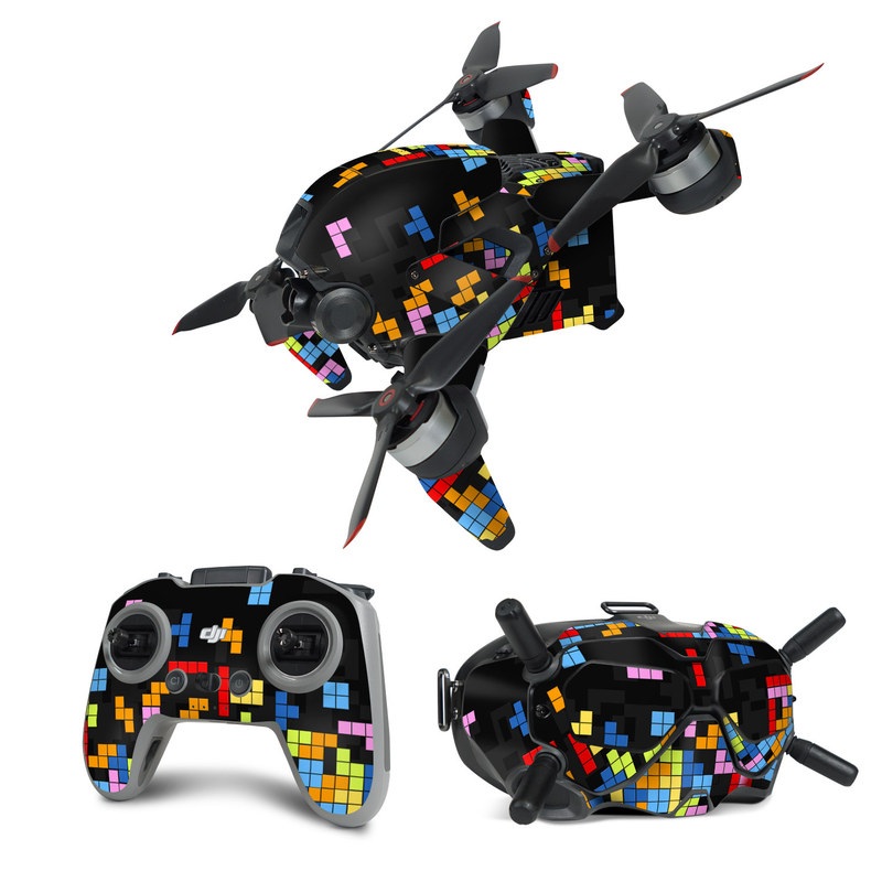 DJI FPV Combo Skin design of Pattern, Symmetry, Font, Design, Graphic design, Line, Colorfulness, Magenta, Square, Graphics, with black, green, blue, orange, red colors