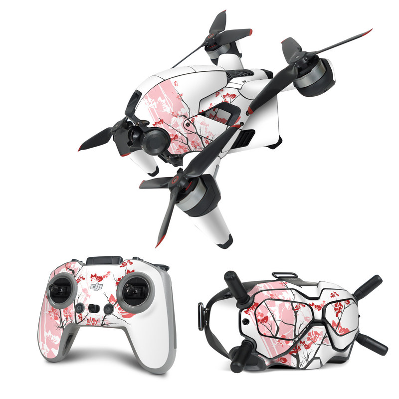 DJI FPV Combo Skin design of Branch, Red, Flower, Plant, Tree, Twig, Blossom, Botany, Pink, Spring, with white, pink, gray, red, black colors