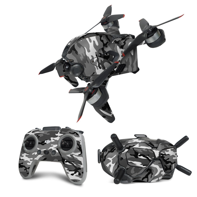 DJI FPV Combo Skin design of Military camouflage, Pattern, Clothing, Camouflage, Uniform, Design, Textile, with black, gray colors