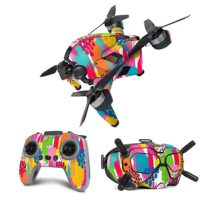 DJI FPV Combo Skin design of Colorfulness, Textile, Rectangle, Font, Line, Painting, Art, Magenta, Material property, Pattern, with white, pink, yellow, orange, blue, red colors