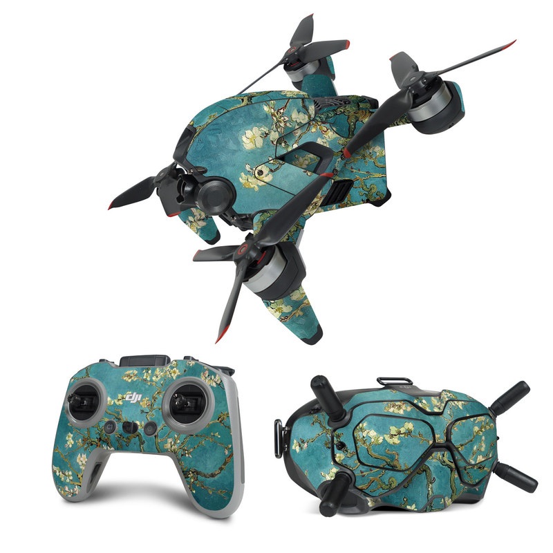 DJI FPV Combo Skin design of Tree, Branch, Plant, Flower, Blossom, Spring, Woody plant, Perennial plant with blue, black, gray, green colors