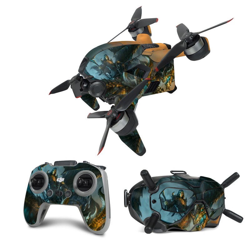 DJI FPV Combo Skin design of Dragon, Cg artwork, Fictional character, Mythical creature, Demon, Mythology, Illustration, Cryptid, Art with orange, yellow, black, brown, blue, white colors