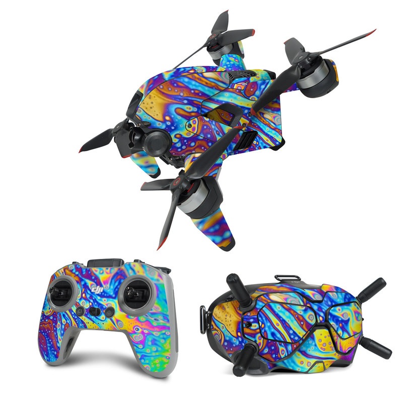DJI FPV Combo Skin design of Psychedelic art, Blue, Pattern, Art, Visual arts, Water, Organism, Colorfulness, Design, Textile, with gray, blue, orange, purple, green colors