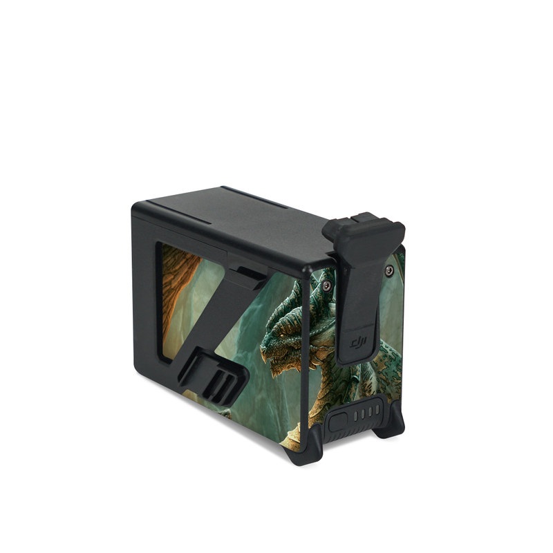 DJI FPV Intelligent Flight Battery Skin design of Dragon, Cg artwork, Mythology, Fictional character, Mythical creature, Art, Illustration, Cryptid, Sculpture, Demon, with black, green, red, gray, blue colors