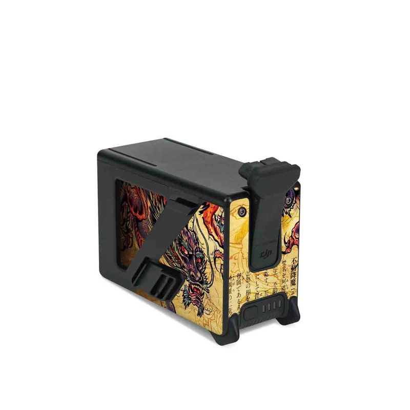 DJI FPV Intelligent Flight Battery Skin design of Illustration, Fictional character, Art, Demon, Drawing, Visual arts, Dragon, Supernatural creature, Mythical creature, Mythology, with black, green, red, gray, pink, orange colors