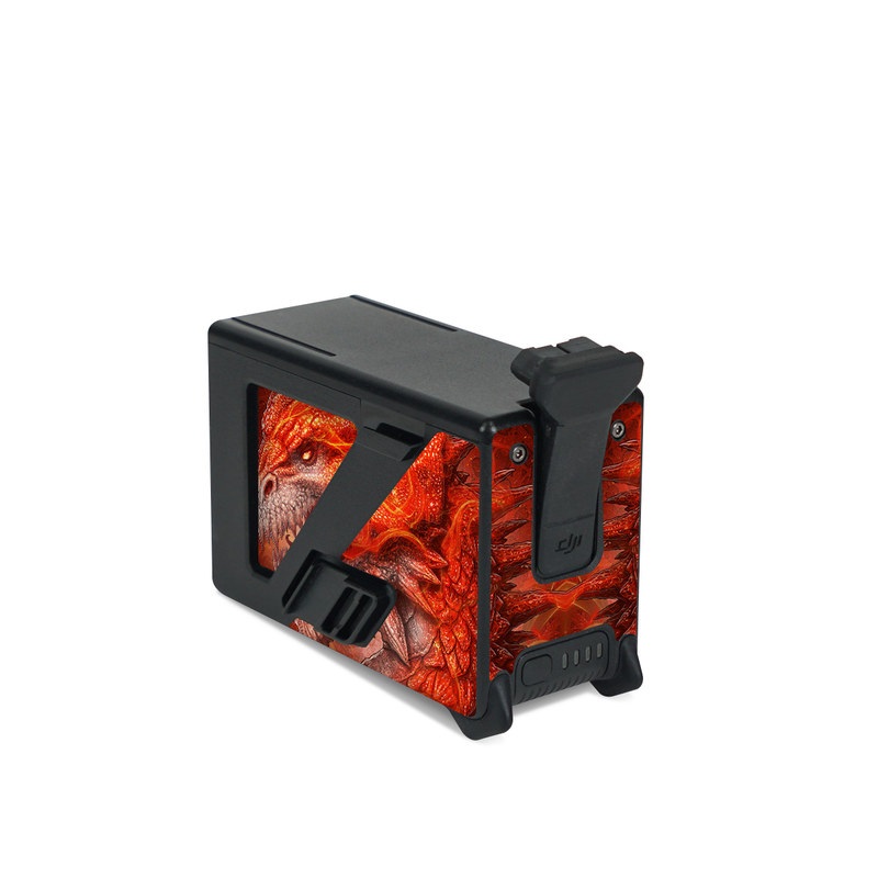DJI FPV Intelligent Flight Battery Skin design of Fictional character, Cg artwork, Illustration, Art, Demon, Geological phenomenon, Mythical creature, Dragon, Cryptid, with red, orange, yellow colors