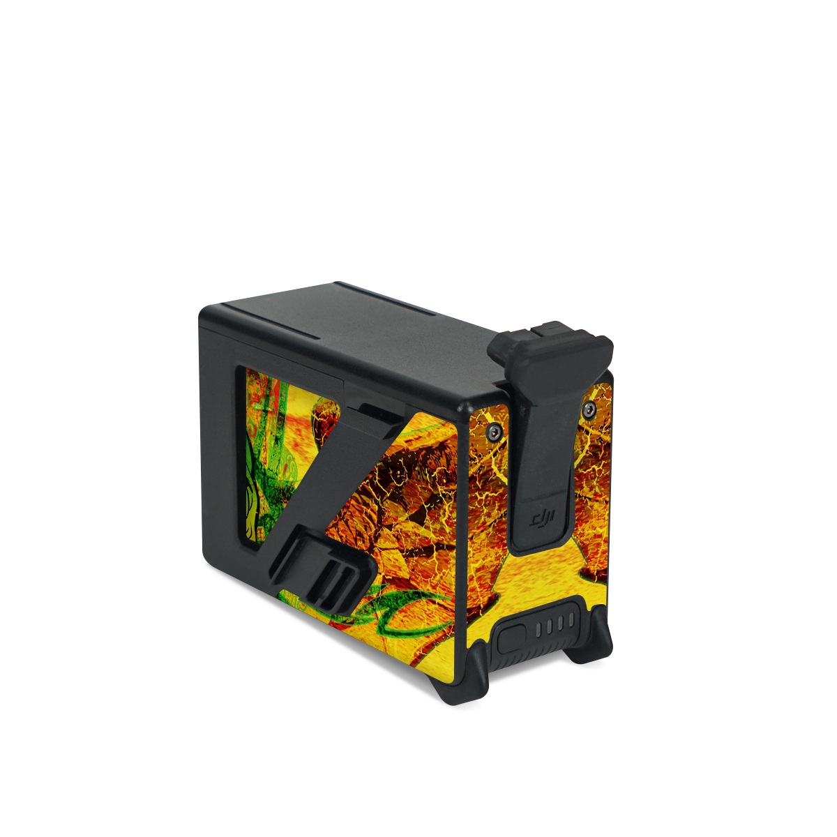 DJI FPV Intelligent Flight Battery Skin design of Psychedelic art, Skull, Illustration, Bone, Art, Graphic design, Visual arts, Poster, Plant, Painting, with green, orange, black, red colors