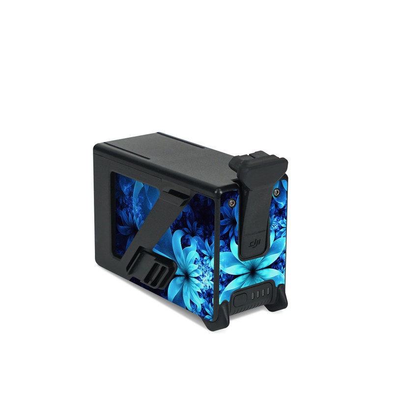 DJI FPV Intelligent Flight Battery Skin design of Nature, Blue, Petal, Organism, Darkness, Flower, Colorfulness, Electric Blue, Majorelle Blue, Pattern, Botany, Still Life Photography, Space, Aquatic Plant, Fractal Art, Visual Arts, Illustration, Symmetry, Midnight, Wildflower, Painting, Still Life, with black, blue, white colors
