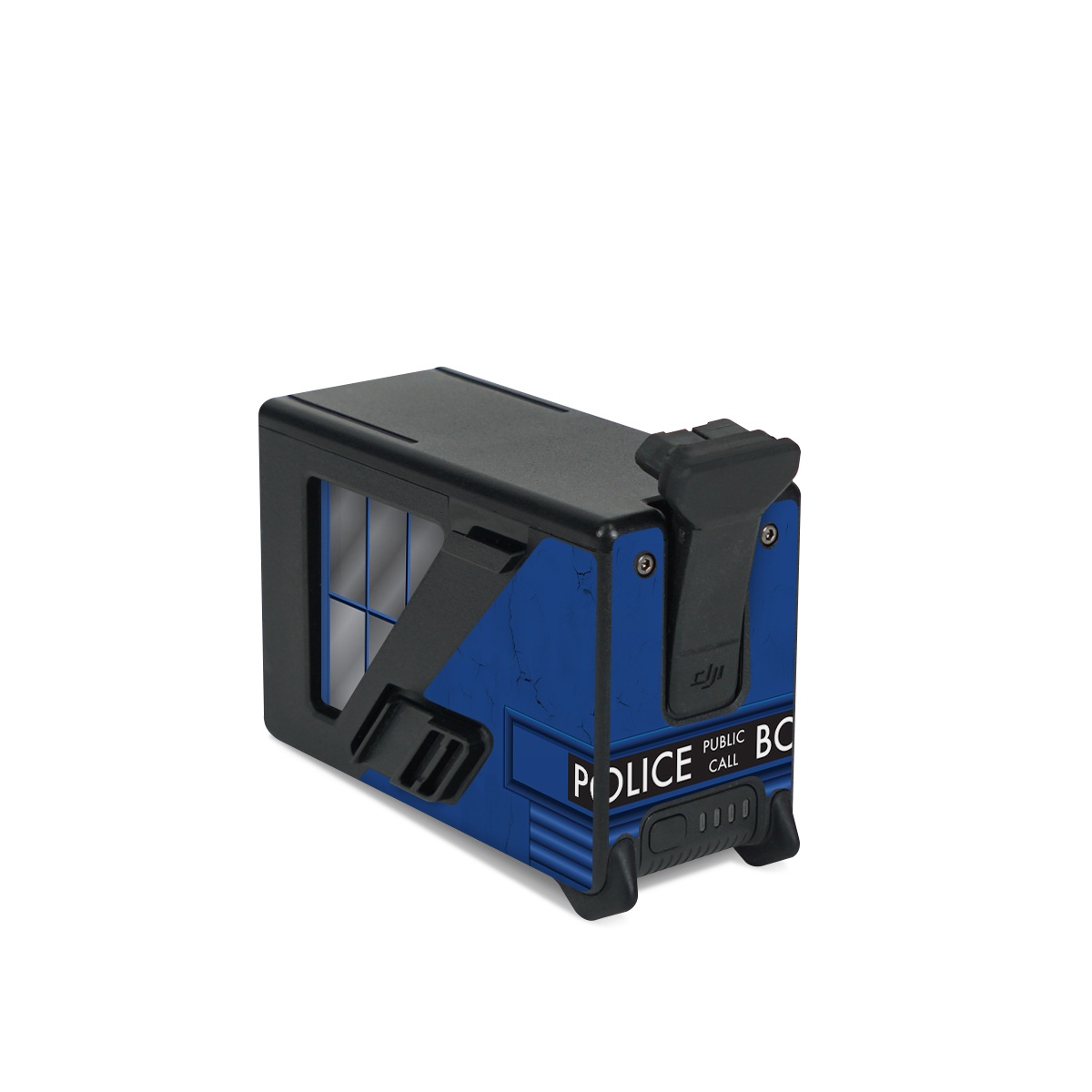 DJI FPV Intelligent Flight Battery Skin design of Telephone Booth, Blue, Cobalt Blue, Door, Facade, Architecture, Electric Blue, Font, Real Estate, Window, Building, with blue, black, gray, white colors