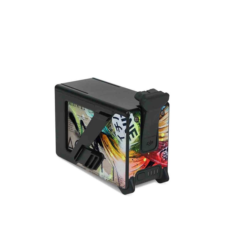 DJI FPV Intelligent Flight Battery Skin design of Street art, Text, Graphic design, Font, Illustration, Art, Graffiti, Skull, Poster, Advertising, with gray, black, red, green, blue colors