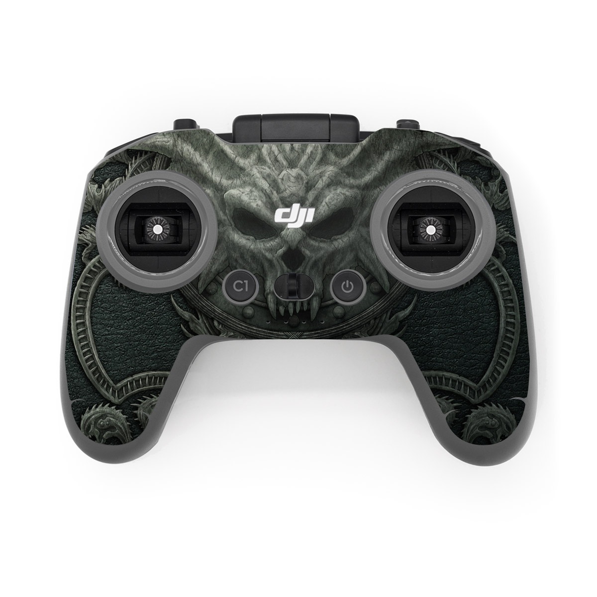 DJI FPV Remote Controller 2 Skin design of Demon, Dragon, Fictional character, Illustration, Supernatural creature, Drawing, Symmetry, Art, Mythology, Mythical creature, with black, gray colors