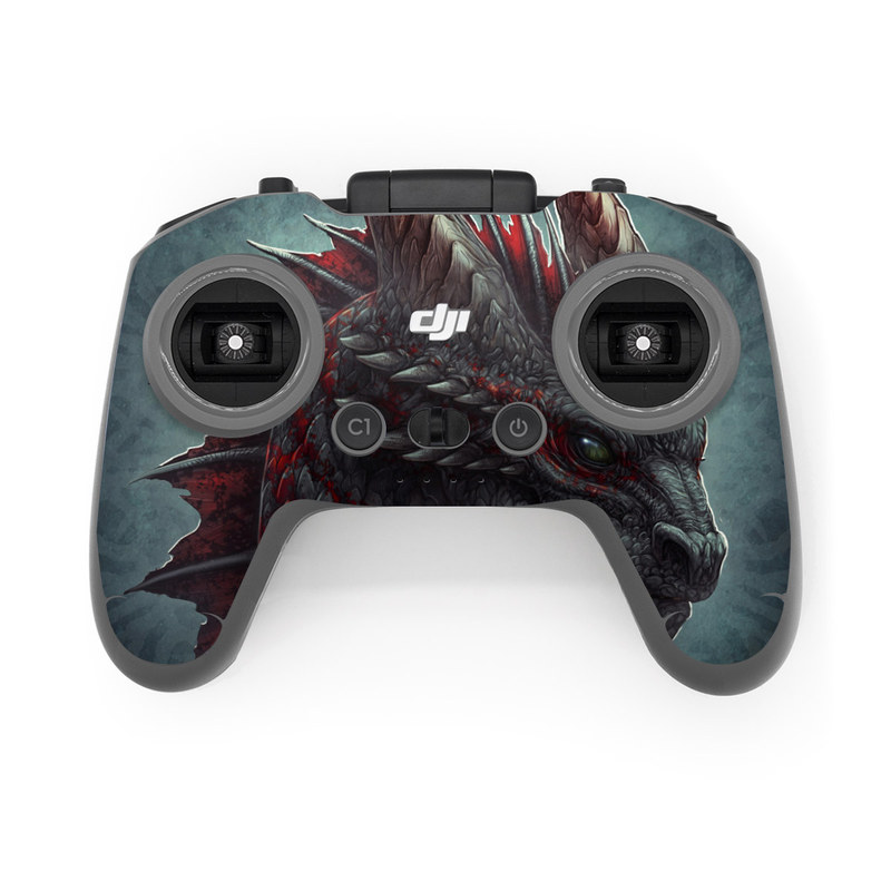 DJI FPV Remote Controller 2 Skin design of Dragon, Fictional character, Mythical creature, Demon, Cg artwork, Illustration, Green dragon, Supernatural creature, Cryptid, with red, gray, blue colors