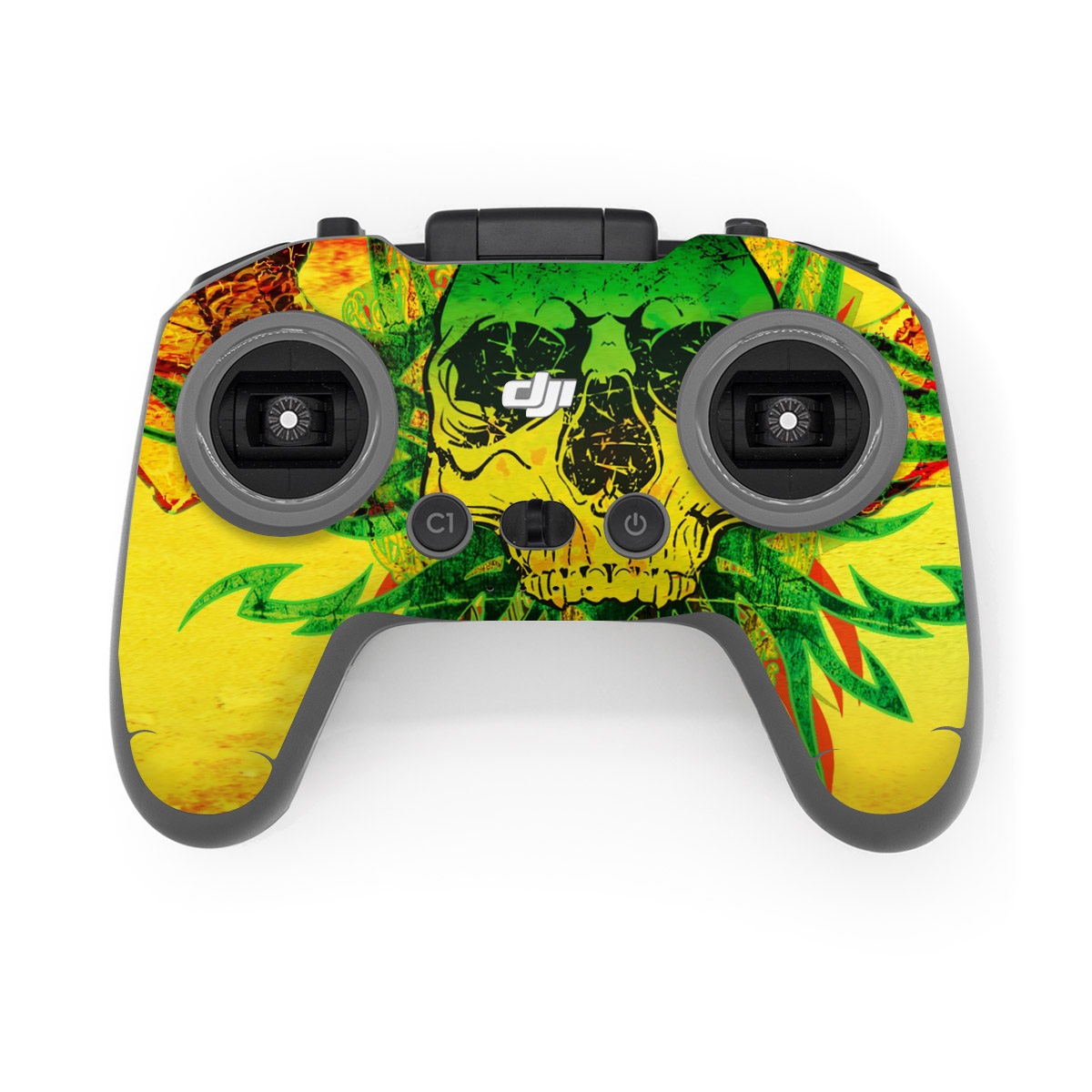 DJI FPV Remote Controller 2 Skin design of Psychedelic art, Skull, Illustration, Bone, Art, Graphic design, Visual arts, Poster, Plant, Painting, with green, orange, black, red colors