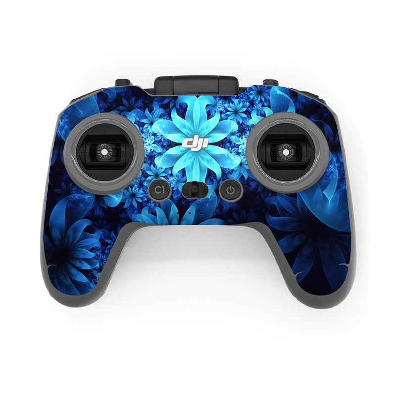 DJI FPV Remote Controller 2 Skin design of Nature, Blue, Petal, Organism, Darkness, Flower, Colorfulness, Electric Blue, Majorelle Blue, Pattern, Botany, Still Life Photography, Space, Aquatic Plant, Fractal Art, Visual Arts, Illustration, Symmetry, Midnight, Wildflower, Painting, Still Life, with black, blue, white colors