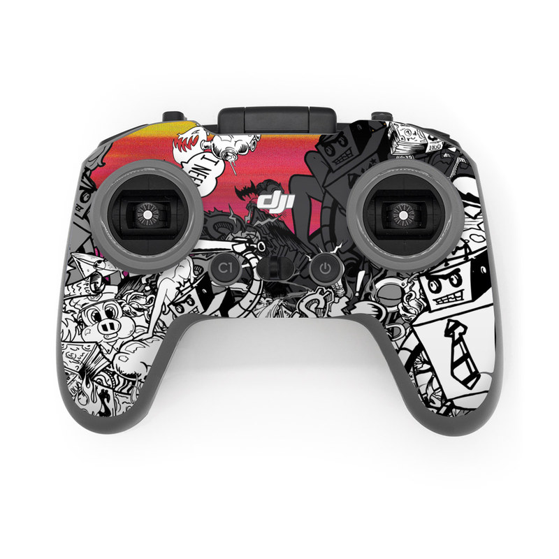 DJI FPV Remote Controller 2 Skin design of Cartoon, Illustration, Graphic design, Fiction, Fictional character, Font, Comics, Art, Drawing, Graphics, with black, gray, purple, white, red, green colors