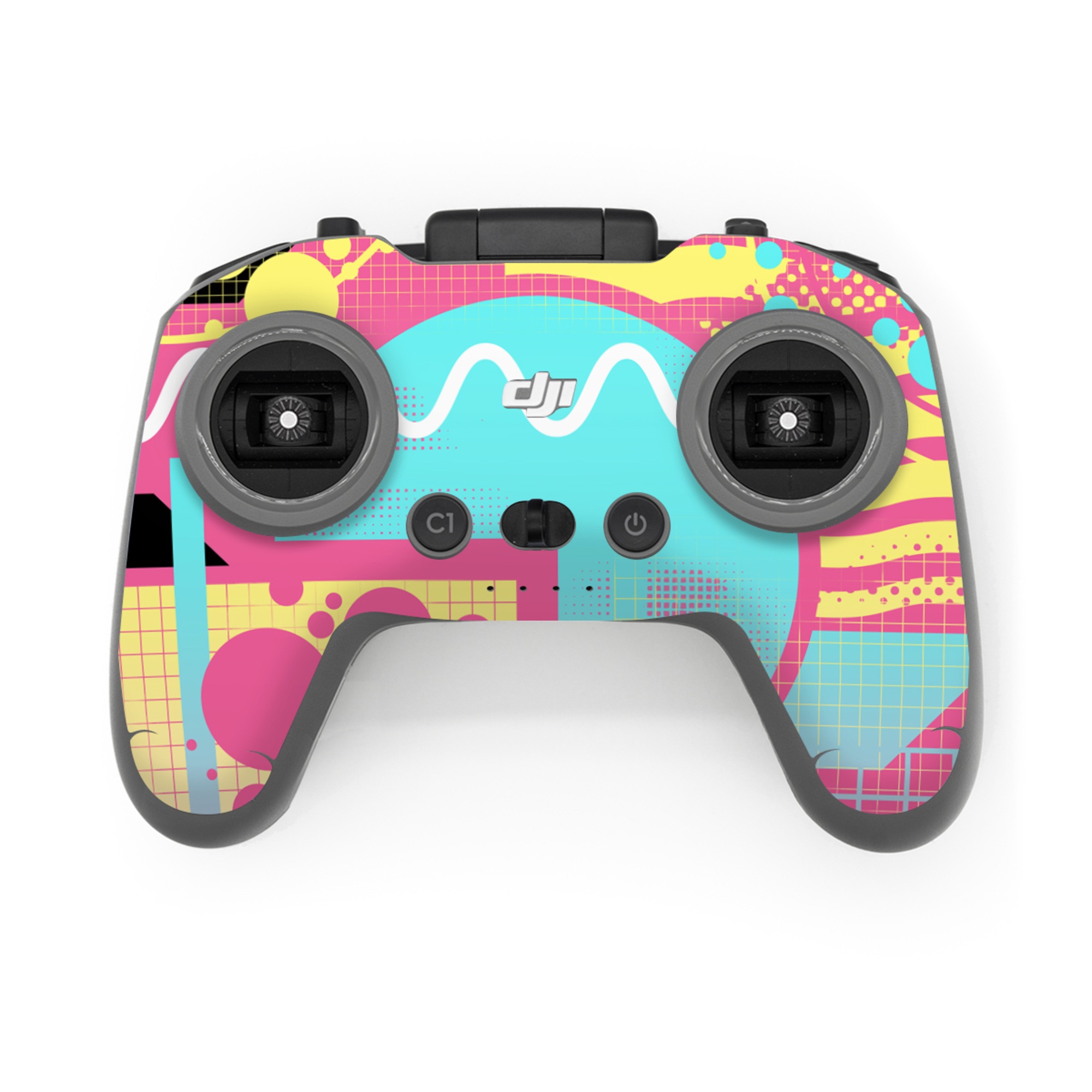 DJI FPV Remote Controller 3 Skin design of Textile, Organism, Font, Art, Pink, Rectangle, Line, Aqua, Magenta, Circle, with pink, yellow, blue, black, white colors