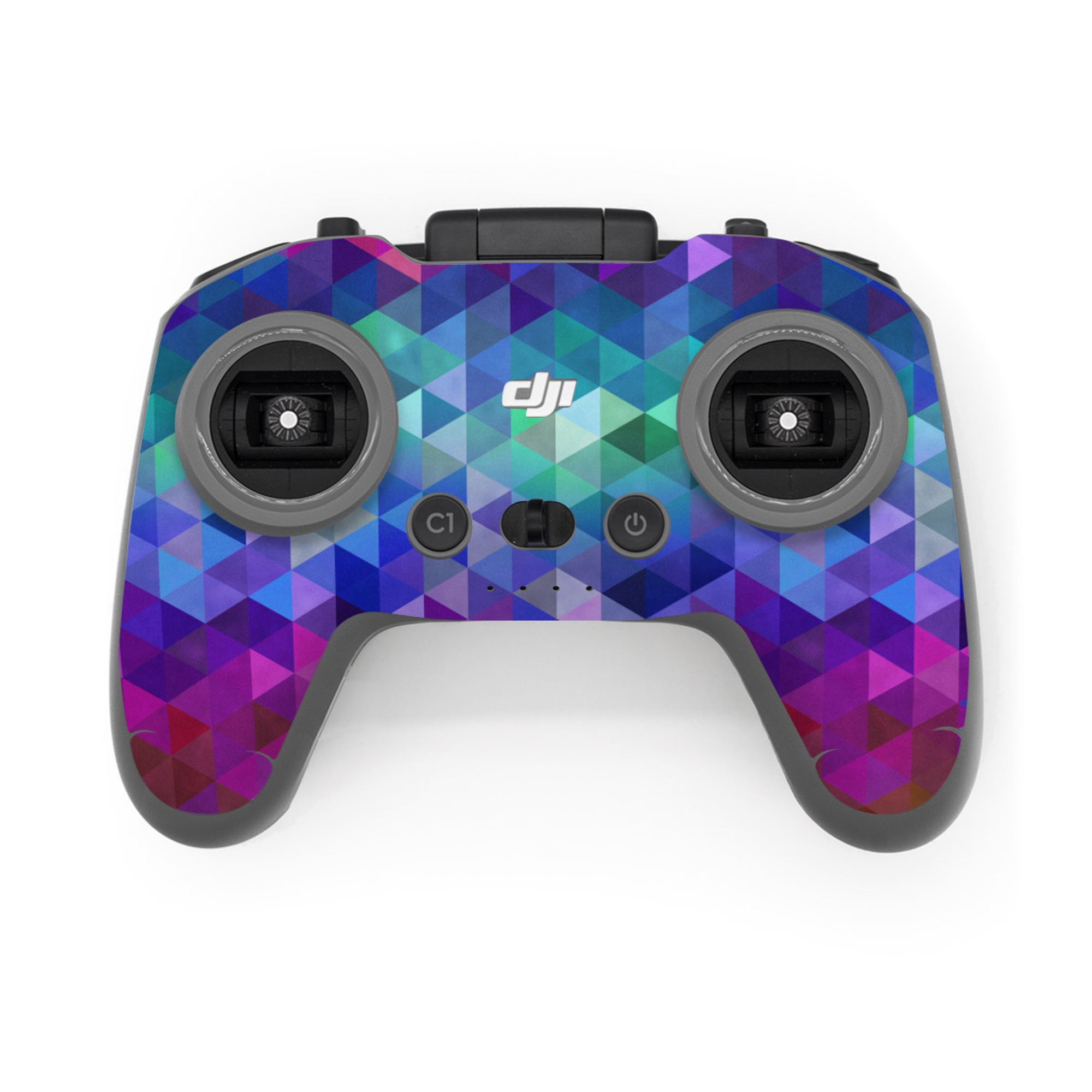 DJI FPV Remote Controller 3 Skin design of Purple, Violet, Pattern, Blue, Magenta, Triangle, Line, Design, Graphic design, Symmetry, with blue, purple, green, red, pink colors