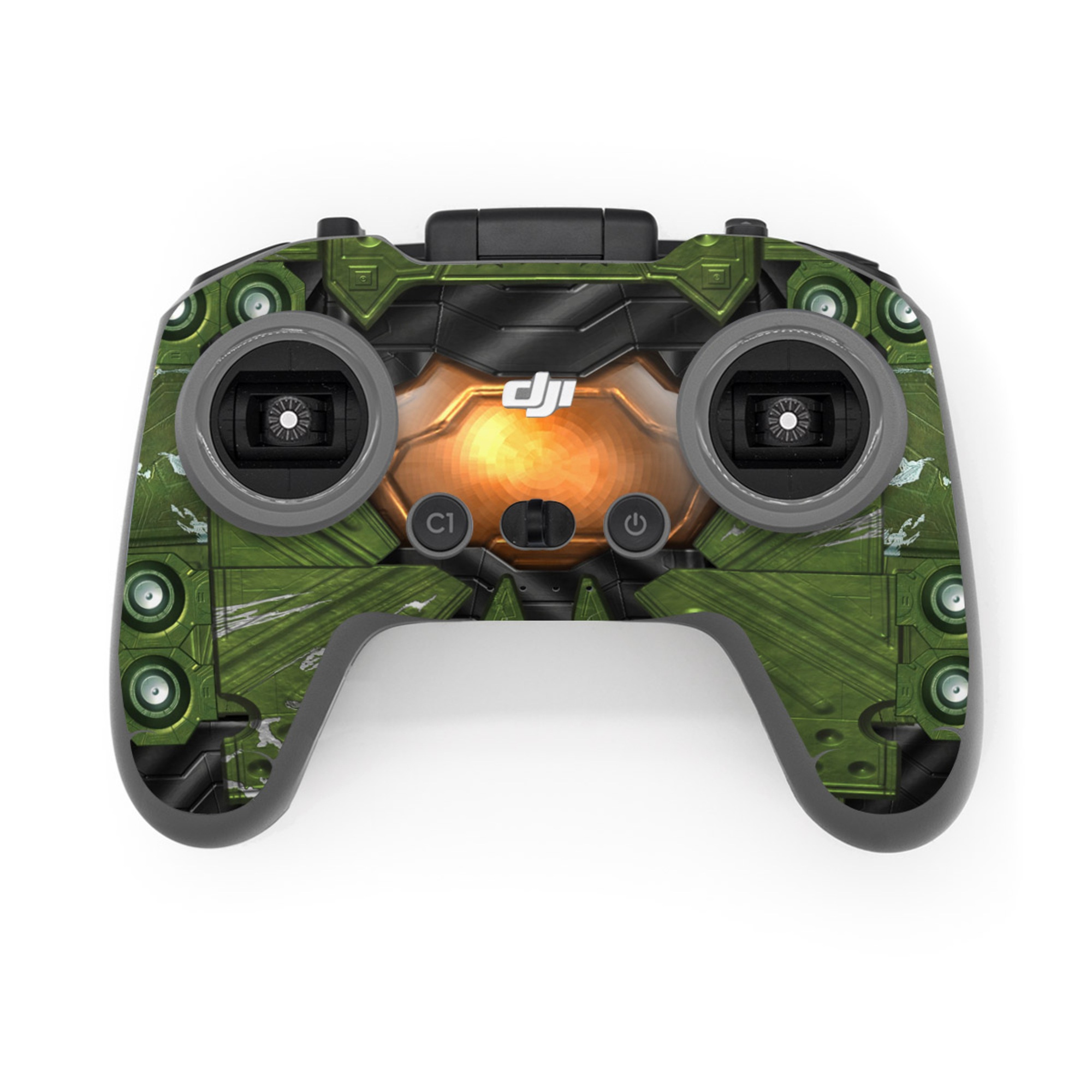 DJI FPV Remote Controller 3 Skin design of Green, Fictional character, Games, Fiction, Pc game, Illustration, Strategy video game, Digital compositing, Art, Screenshot, with green, yellow, orange, black colors