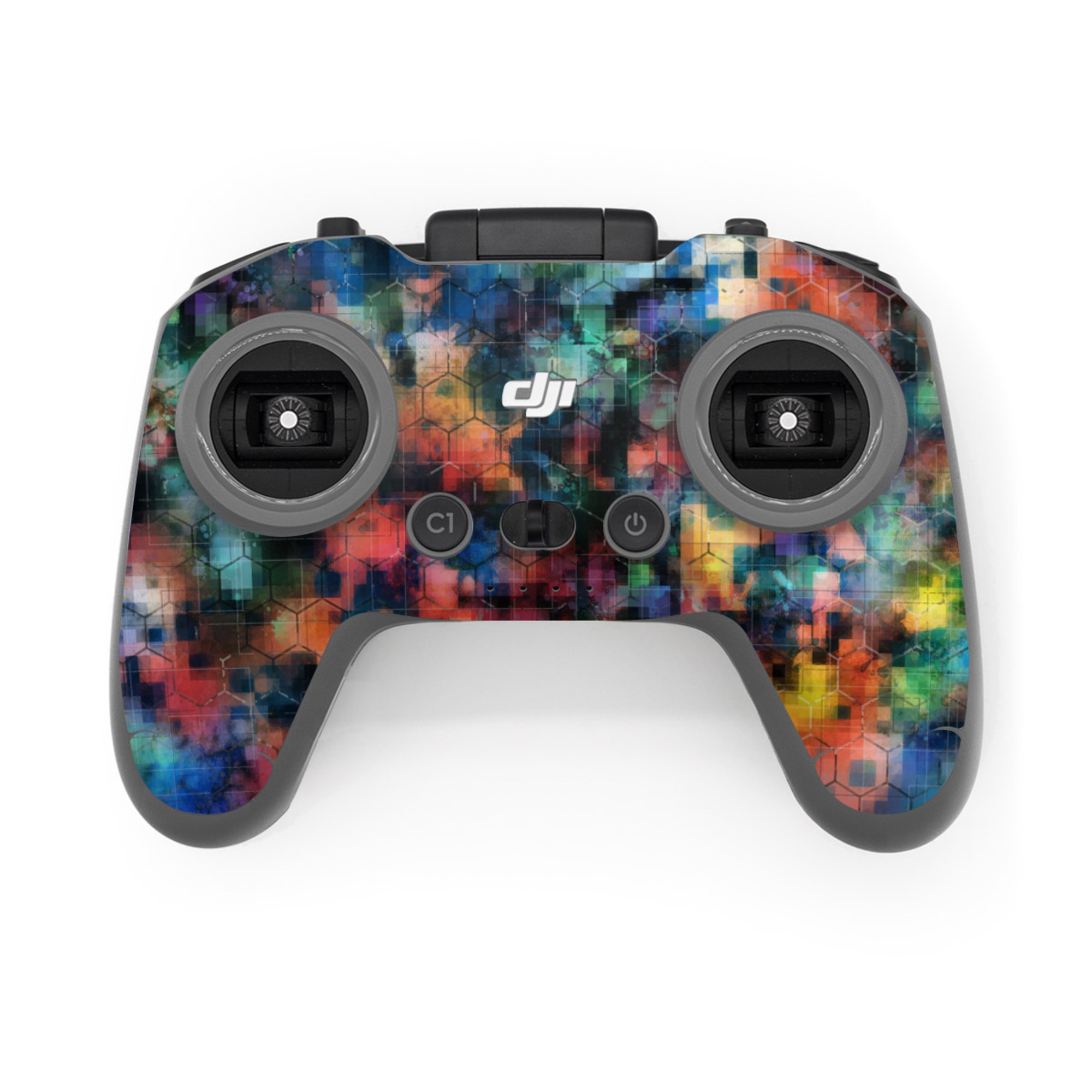 DJI FPV Remote Controller 3 Skin design of Blue, Colorfulness, Pattern, Psychedelic art, Art, Sky, Design, Textile, Dye, Modern art, with black, blue, red, gray, green colors