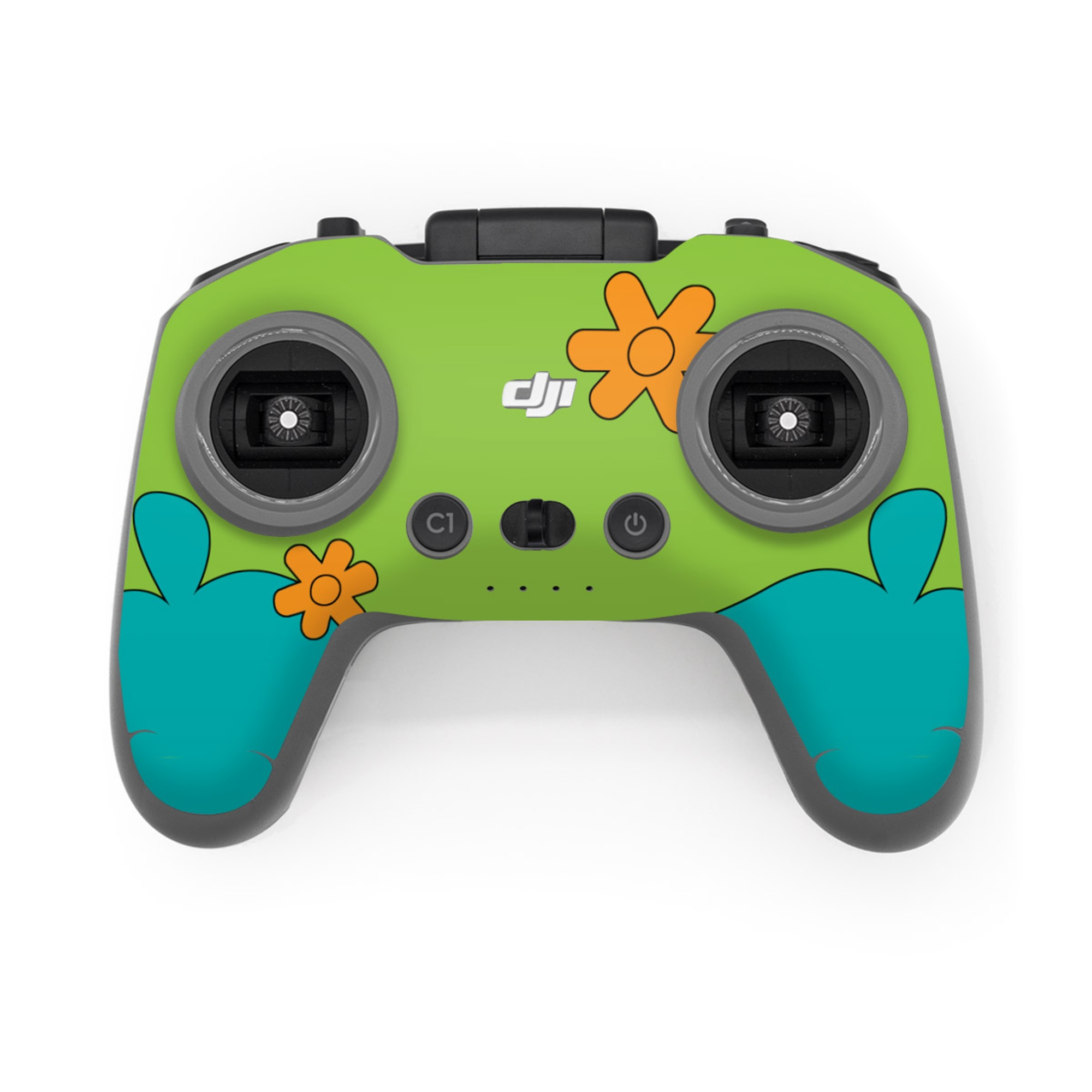 DJI FPV Remote Controller 3 Skin design of Organism, Font, Happy, Petal, Rectangle, Sharing, Circle, Illustration, Symbol, Grass, with blue, green, orange, white colors