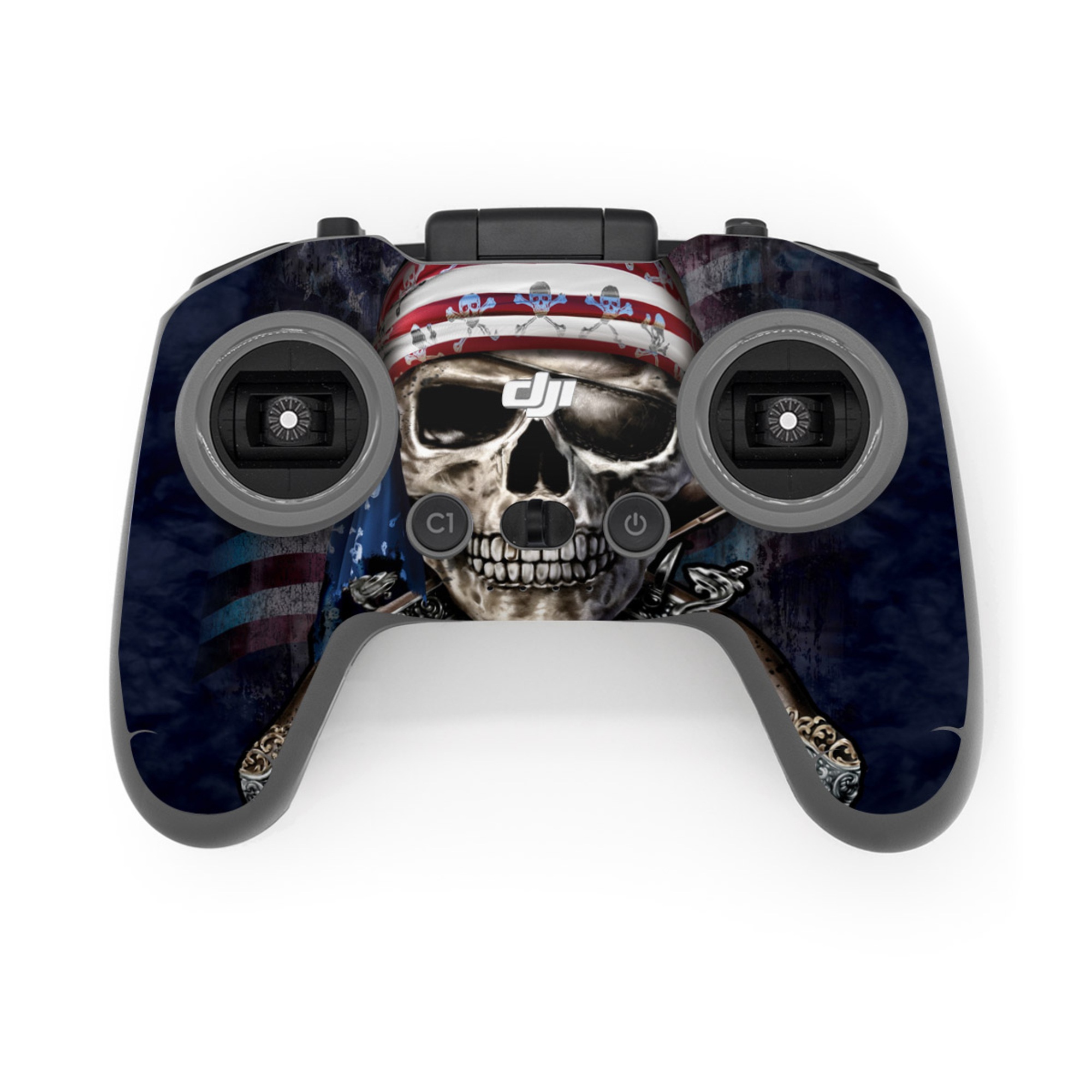 DJI FPV Remote Controller 3 Skin design of Skull, Bone, Skeleton, Illustration, Outerwear, T-shirt, Flag, Art, with black, gray, red colors