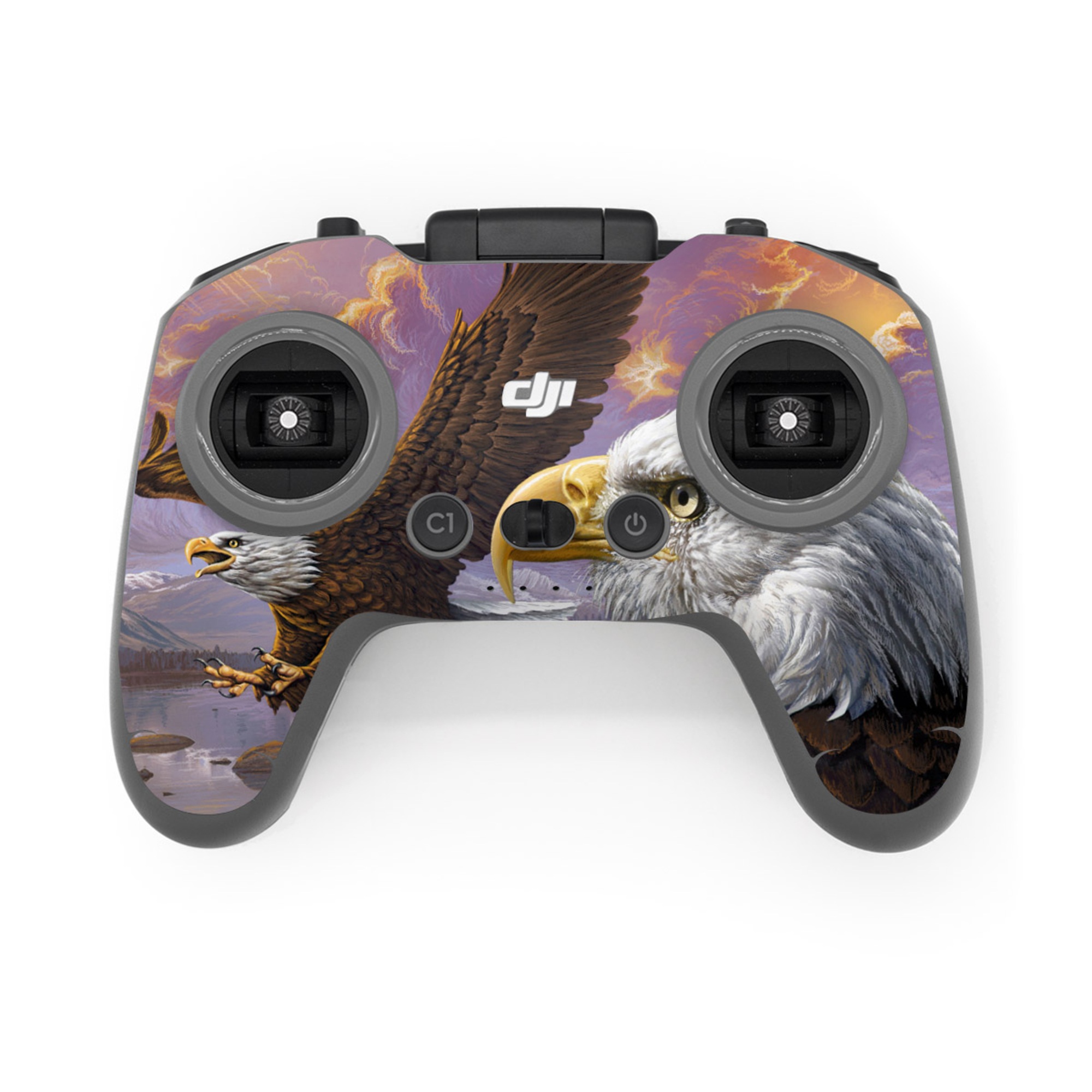 DJI FPV Remote Controller 3 Skin design of Bird, Bird of prey, Bald eagle, Vertebrate, Eagle, Accipitriformes, Accipitridae, Golden eagle, Beak, Hawk, with gray, black, green, red, purple colors