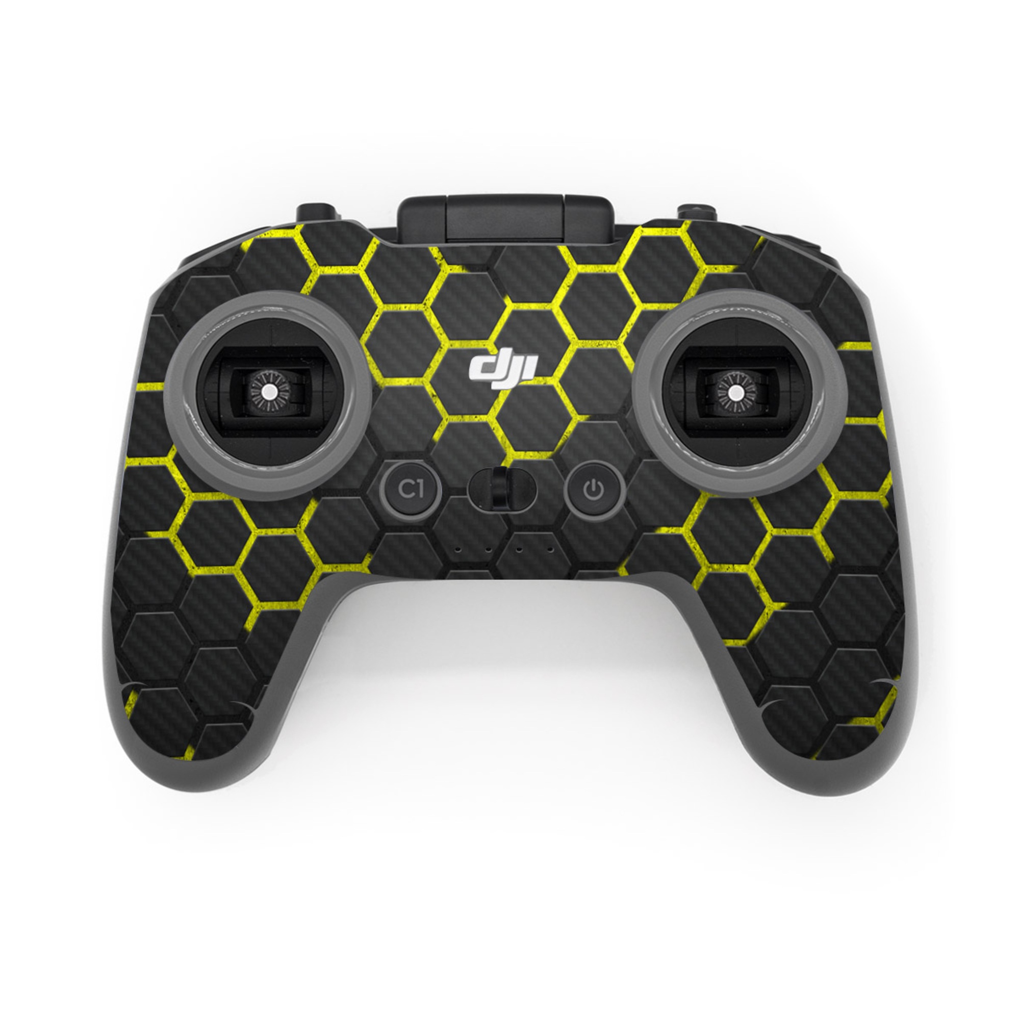 DJI FPV Remote Controller 3 Skin design of Black, Pattern, Yellow, Mesh, Net, Chain-link fencing, Design, Metal, with black, gray, yellow colors