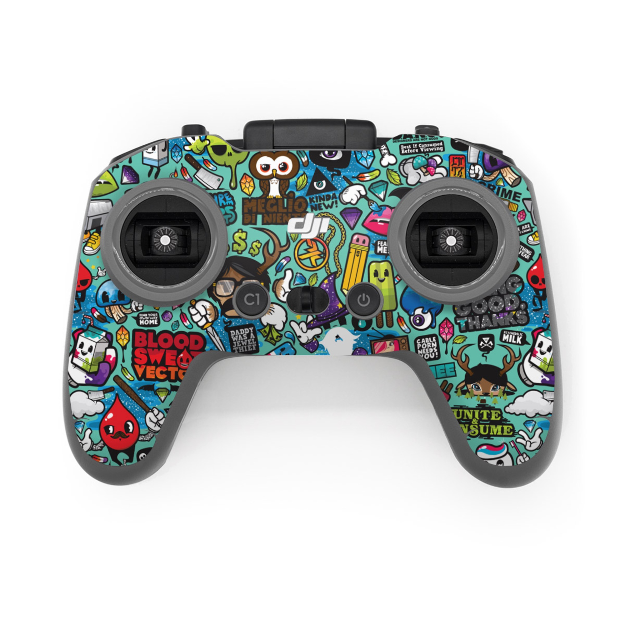 DJI FPV Remote Controller 3 Skin design of Cartoon, Art, Pattern, Design, Illustration, Visual arts, Doodle, Psychedelic art, with black, blue, gray, red, green colors