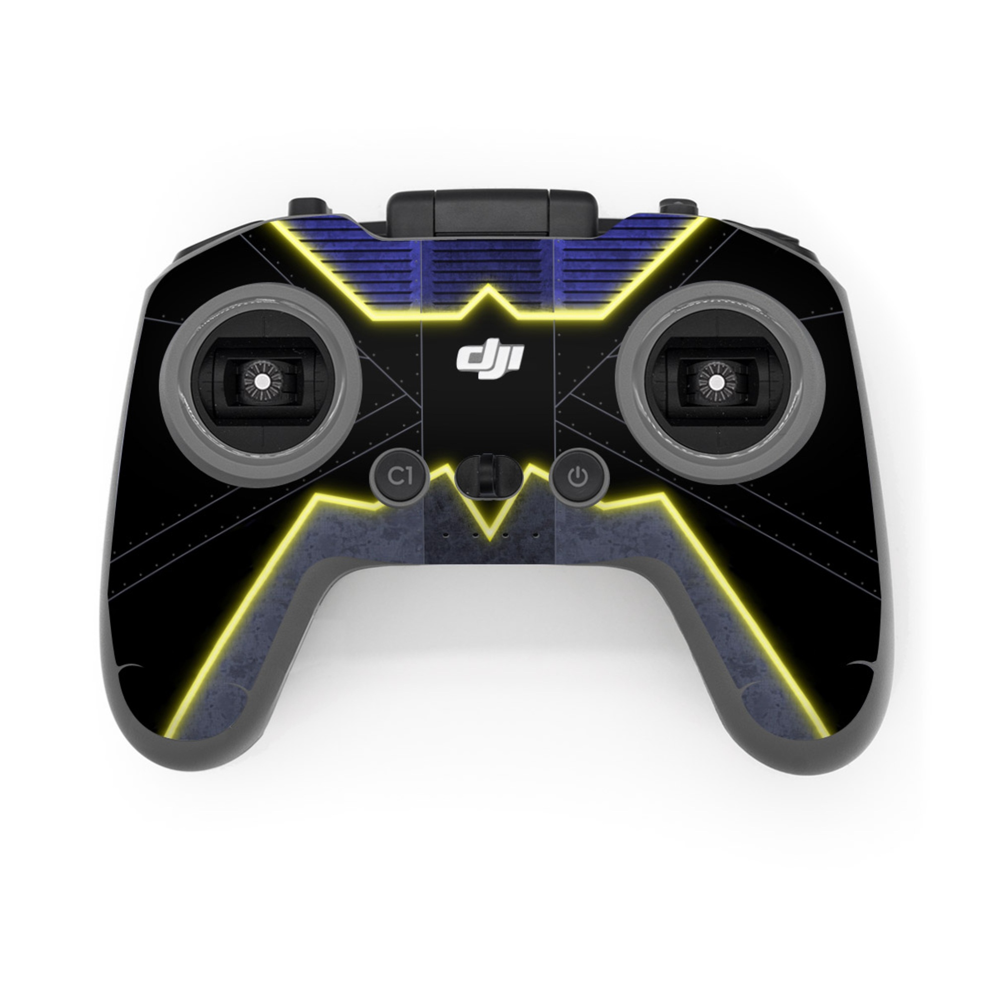 DJI FPV Remote Controller 3 Skin design of Blue, Symbol, Symmetry, Graphics, Triangle, Graphic design, with black, purple, gray, yellow colors