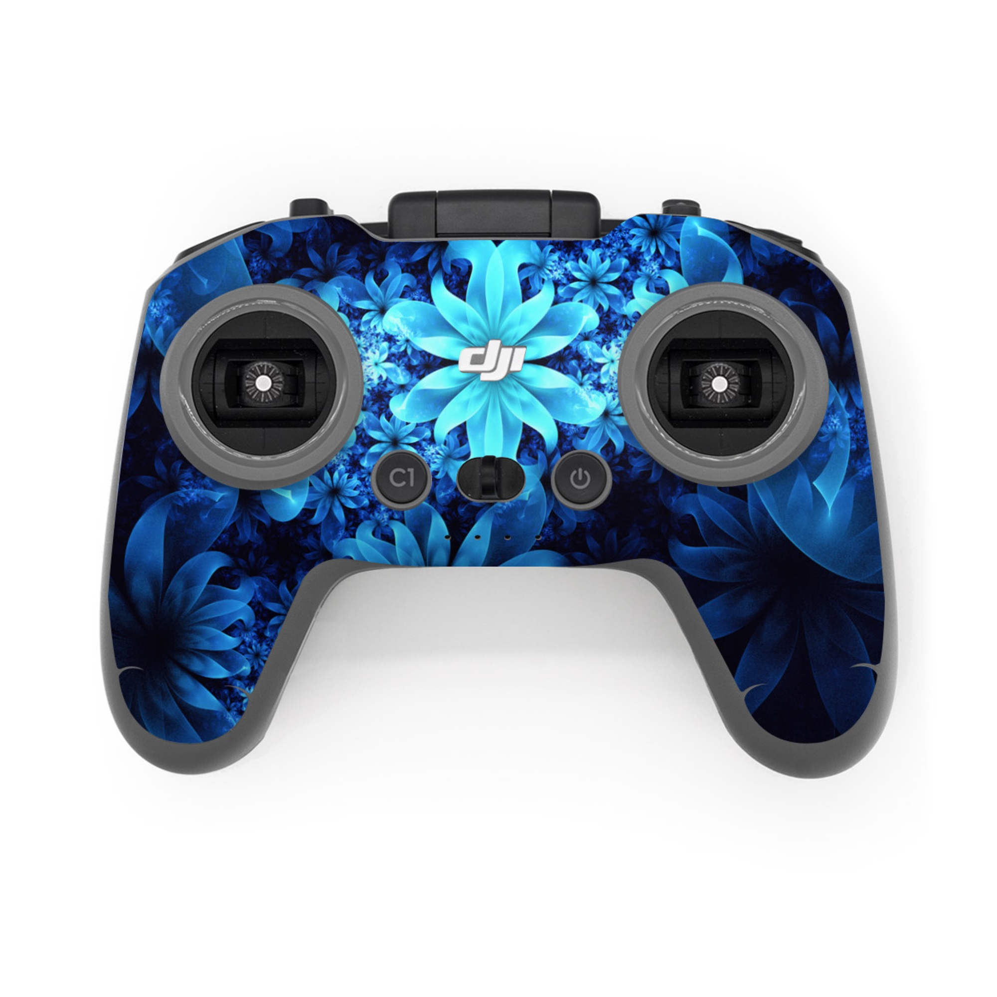 DJI FPV Remote Controller 3 Skin design of Nature, Blue, Petal, Organism, Darkness, Flower, Colorfulness, Electric Blue, Majorelle Blue, Pattern, Botany, Still Life Photography, Space, Aquatic Plant, Fractal Art, Visual Arts, Illustration, Symmetry, Midnight, Wildflower, Painting, Still Life, with black, blue, white colors