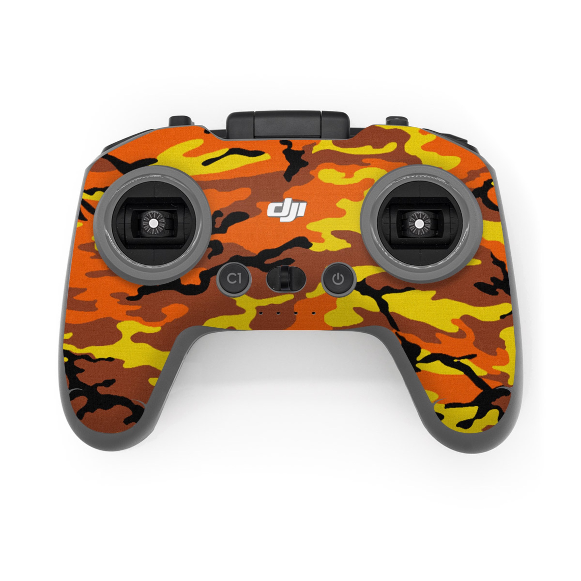 DJI FPV Remote Controller 3 Skin design of Military camouflage, Orange, Pattern, Camouflage, Yellow, Brown, Uniform, Design, Tree, Wildlife, with red, green, black colors