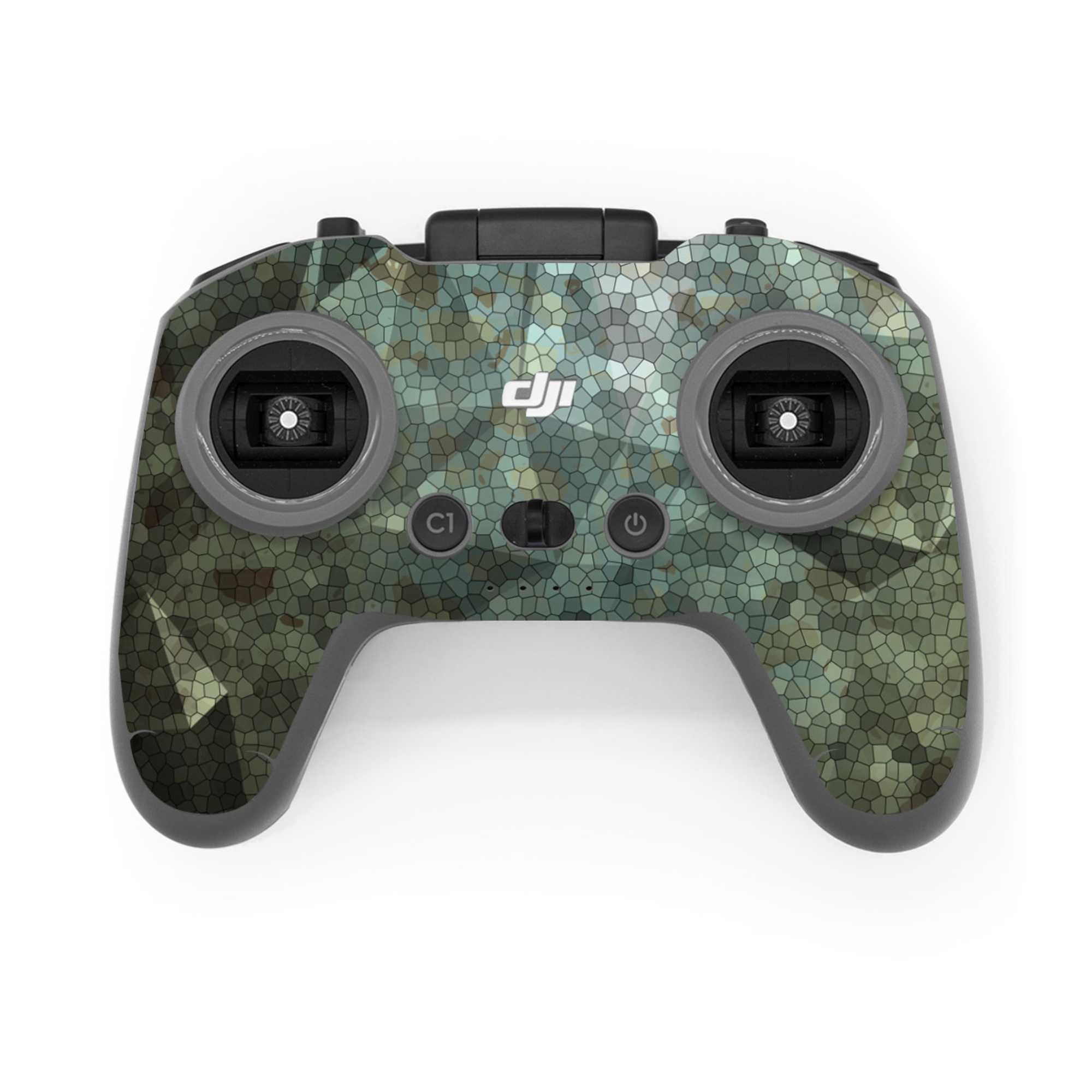 DJI FPV Remote Controller 3 Skin design of Green, Pattern, Brown, Wall, Design, Rock, Geology, Camouflage, Granite, Metal, with black, brown, blue, gray, white colors