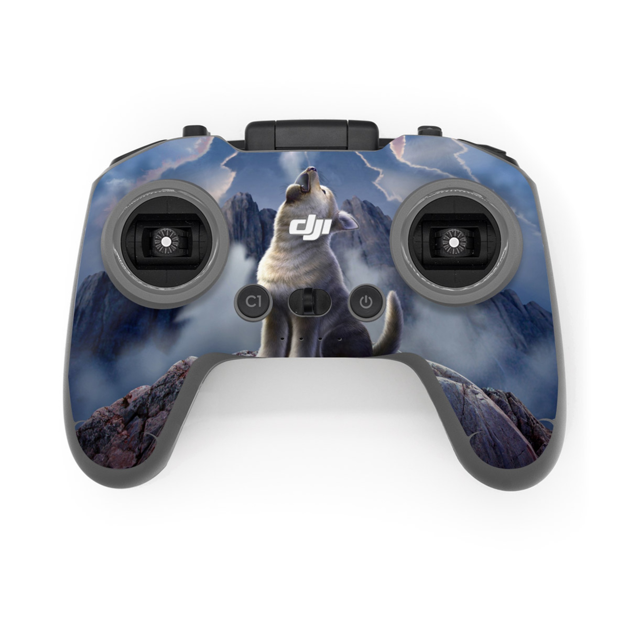 DJI FPV Remote Controller 3 Skin design of Sky, Cloud, Atmosphere, Rock, Wolf, Photography, Cg artwork, Illustration, Mountain, Mythology, with white, blue, gray, brown colors