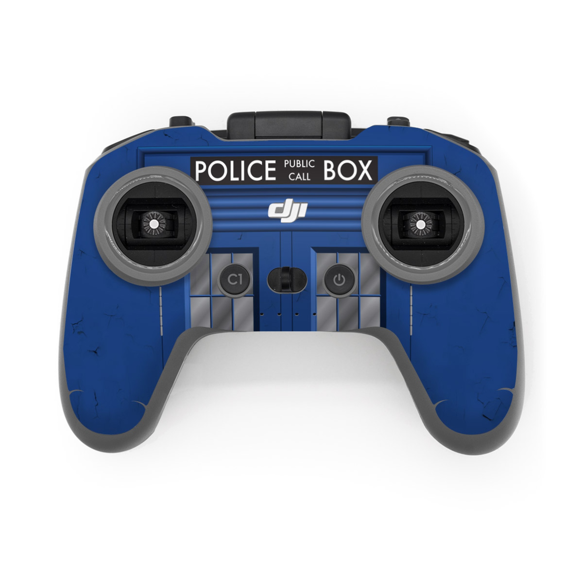 DJI FPV Remote Controller 3 Skin design of Telephone Booth, Blue, Cobalt Blue, Door, Facade, Architecture, Electric Blue, Font, Real Estate, Window, Building, with blue, black, gray, white colors