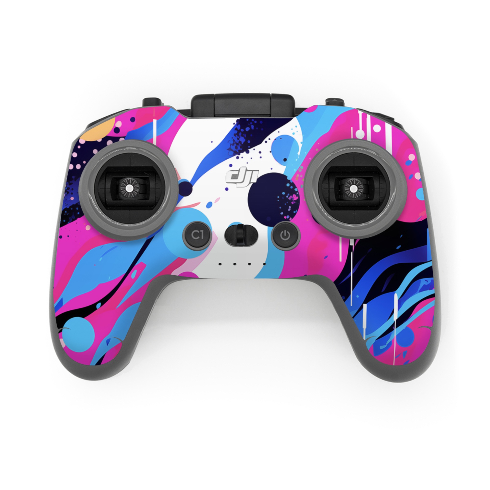 DJI FPV Remote Controller 3 Skin design of Organism, Art, Line, Font, Magenta, Art paint, Paint, Pattern, Electric blue, Tints and shades, with pink, blue, white, black, orange colors