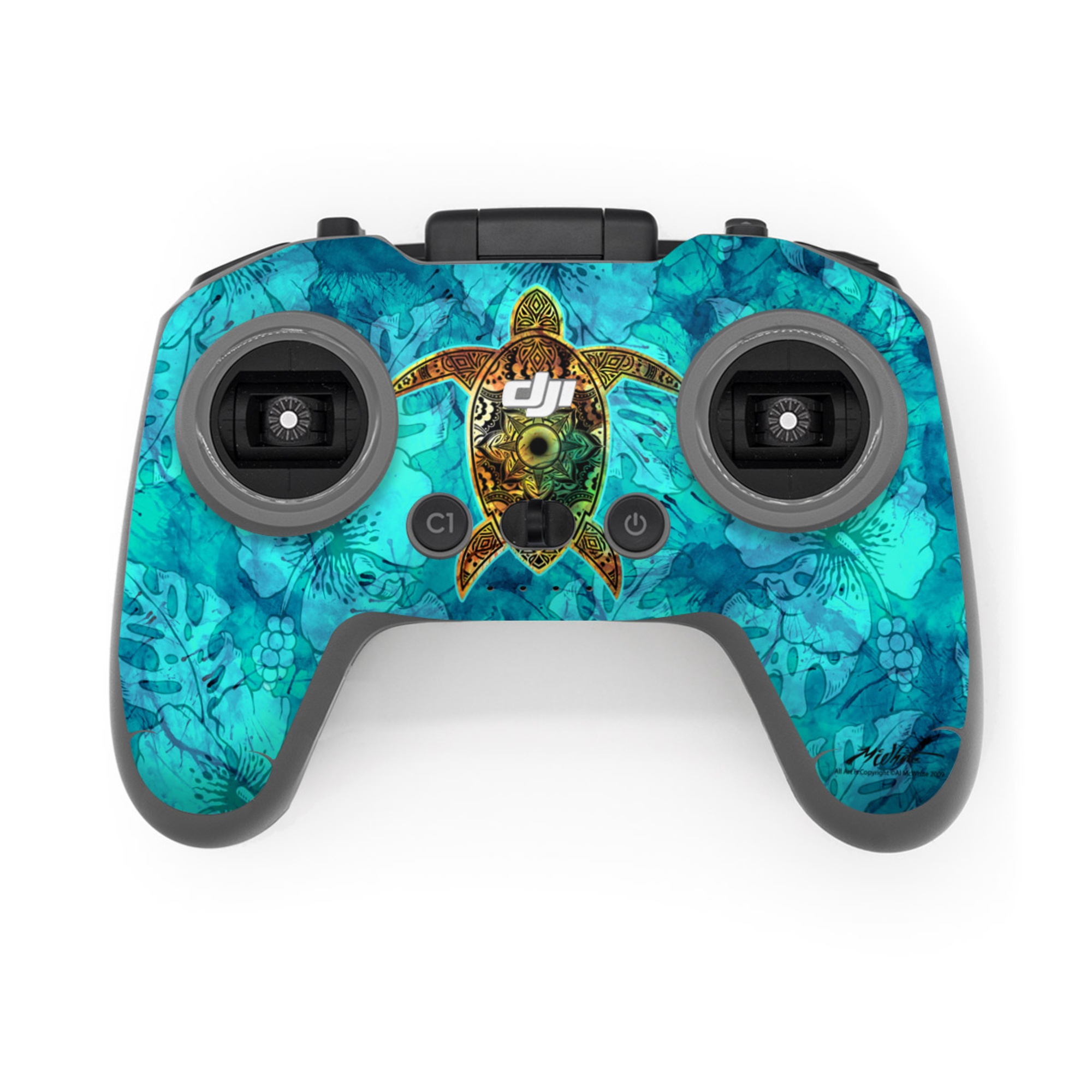 DJI FPV Remote Controller 3 Skin design of Sea turtle, Green sea turtle, Turtle, Hawksbill sea turtle, Tortoise, Reptile, Loggerhead sea turtle, Illustration, Art, Pattern, with blue, black, green, gray, red colors
