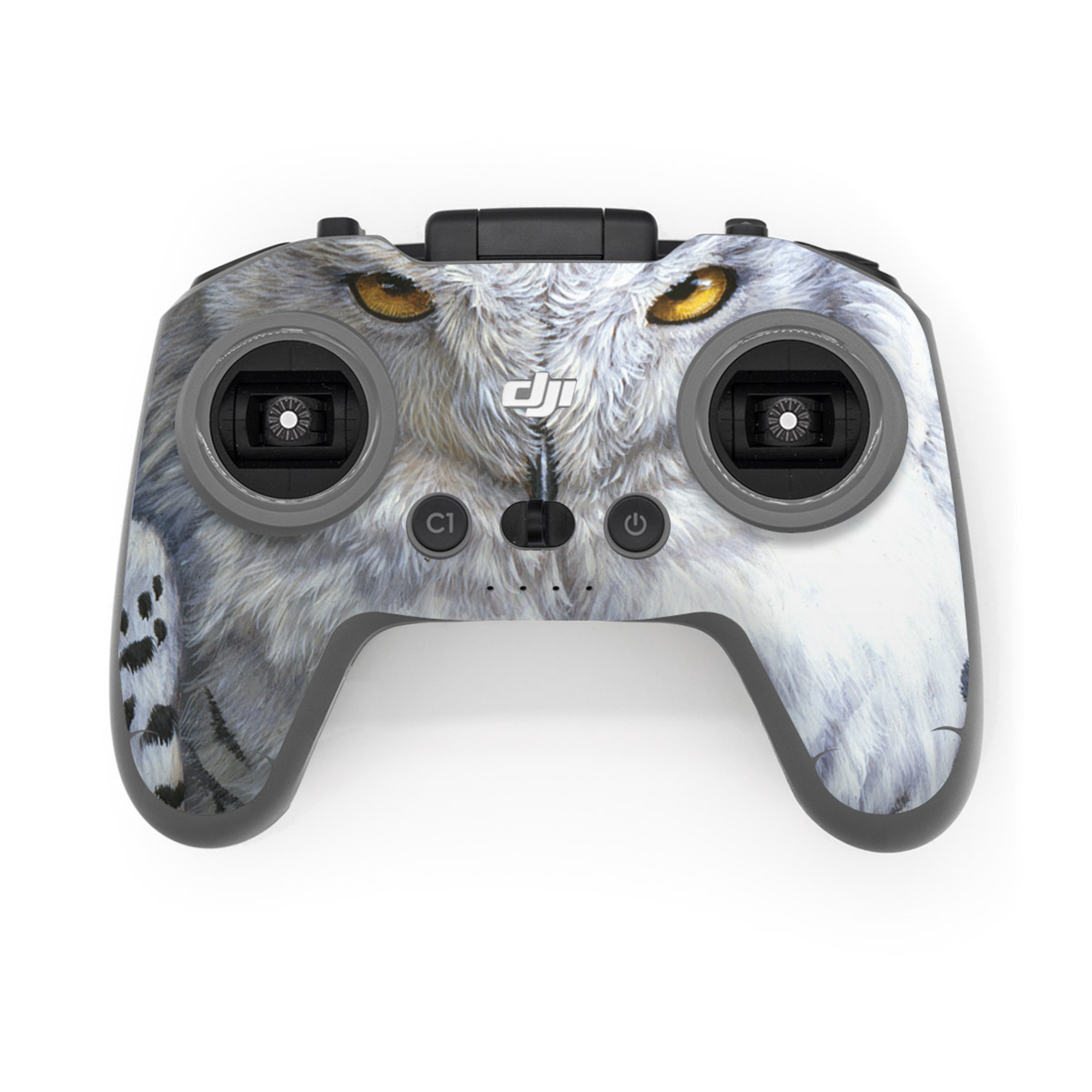 DJI FPV Remote Controller 3 Skin design of Owl, Bird, Bird of prey, Snowy owl, great grey owl, Close-up, Eye, Snout, Wildlife, Eastern Screech owl, with gray, white, black, blue, purple colors