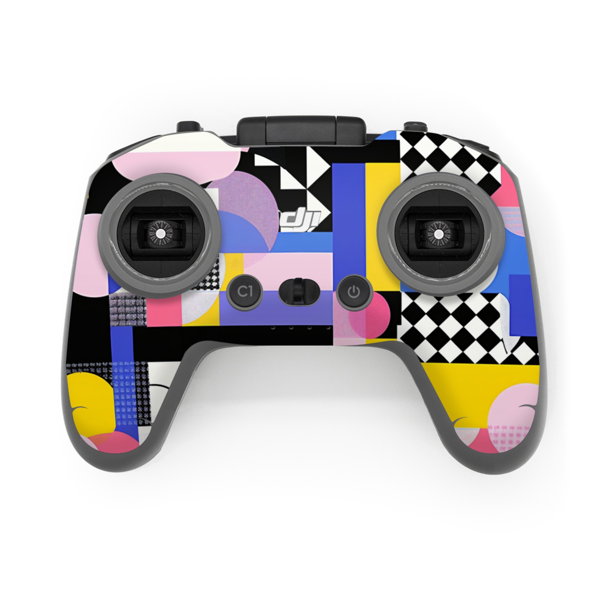 DJI FPV Remote Controller 3 Skin design of White, Black, Rectangle, Font, Art, Red, Pattern, Tints and shades, Circle, Electric blue, with blue, white, black, yellow, pink, purple colors