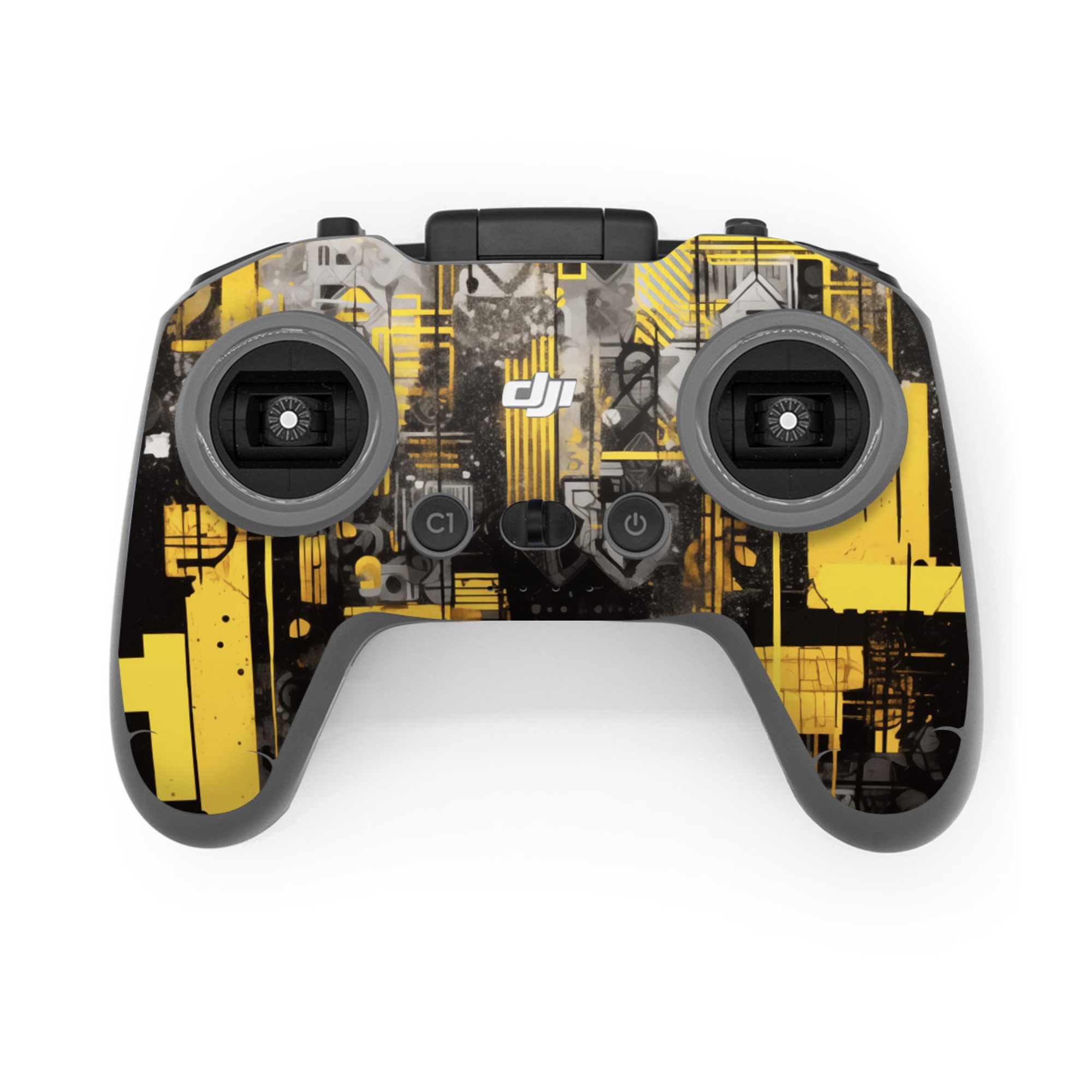 DJI FPV Remote Controller 3 Skin design of Rectangle, Yellow, Font, Art, City, Engineering, Tints and shades, Pattern, Symmetry, Space, with black, white, gray, yellow colors
