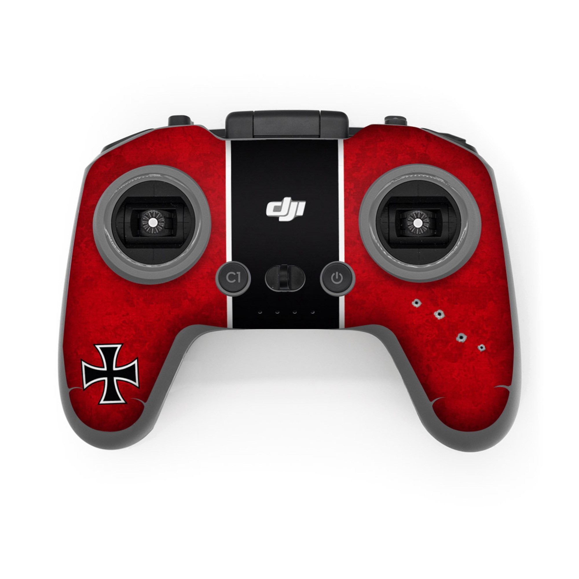 DJI FPV Remote Controller 3 Skin design of Bullet, Holes, War, Red, Text, Carmine, Colorfulness, Maroon, Symbol, Coquelicot, with red, black, white, gray colors
