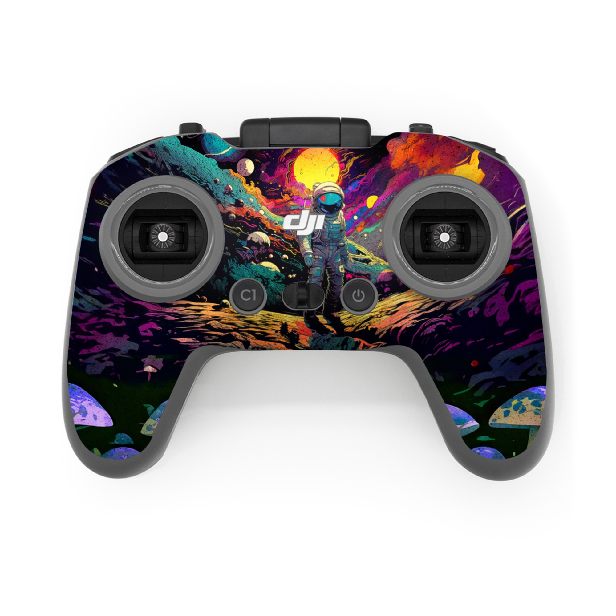 DJI FPV Remote Controller 3 Skin design of Light, Nature, Purple, Umbrella, Plant, Art, Terrestrial plant, Natural landscape, Astronomical object, Space, with black, white, purple, red, gray, orange, yellow, blue, green, brown colors