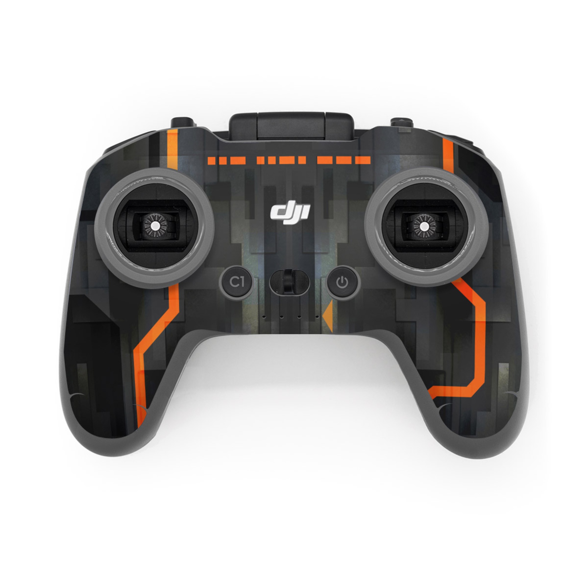 DJI FPV Remote Controller 3 Skin design of Orange, Font, Parallel, Pattern, Graphics, Rectangle, Logo, Brand, Graphic design, Event, with black, orange colors