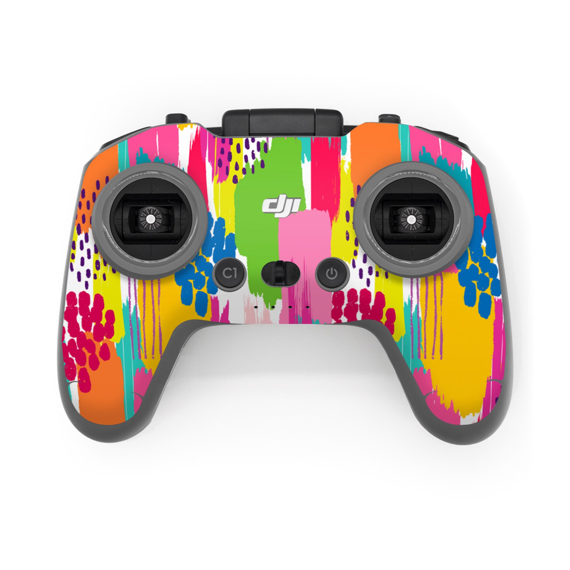 DJI FPV Remote Controller 3 Skin design of Colorfulness, Textile, Rectangle, Font, Line, Painting, Art, Magenta, Material property, Pattern, with white, pink, yellow, orange, blue, red colors