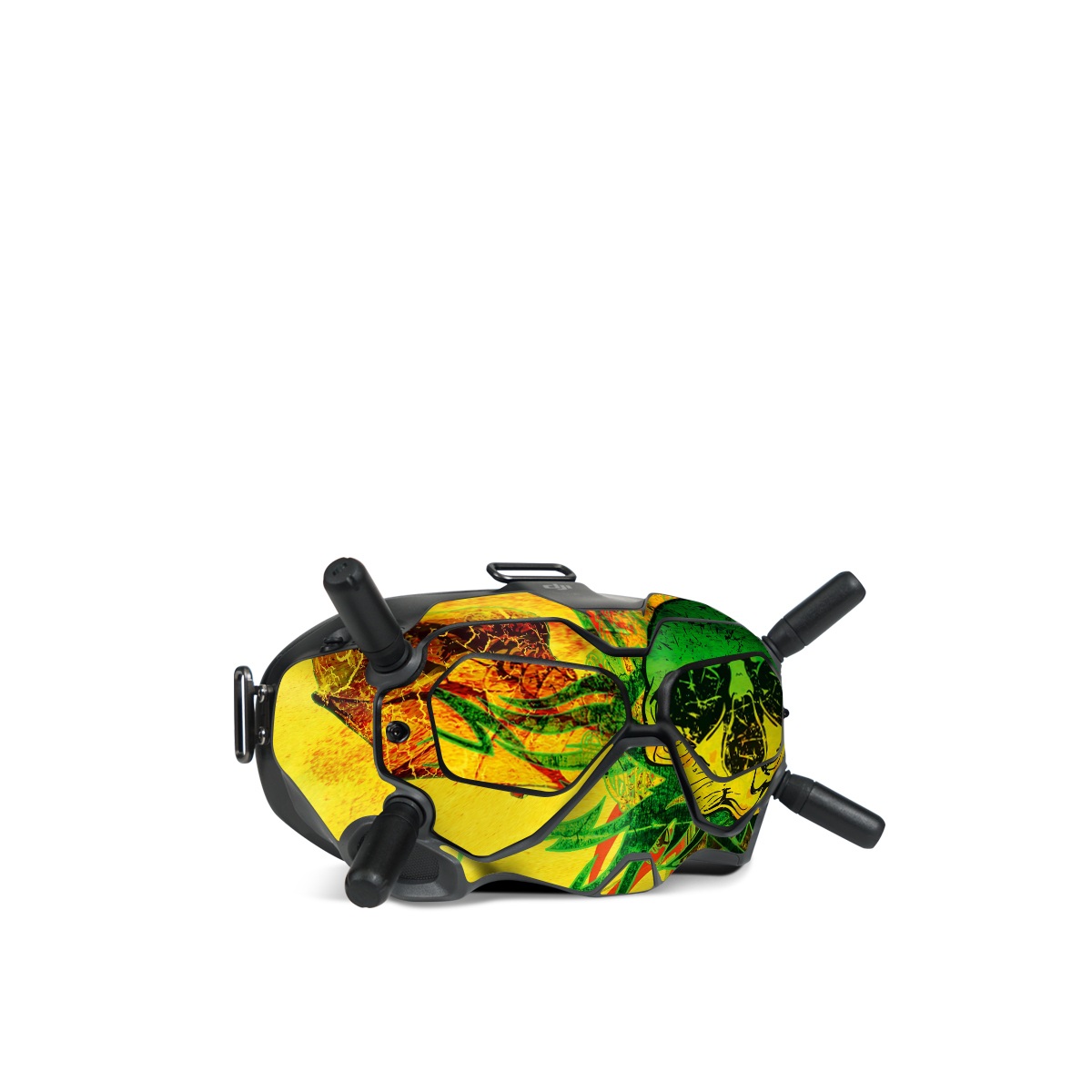 DJI FPV Goggles V2 Skin design of Psychedelic art, Skull, Illustration, Bone, Art, Graphic design, Visual arts, Poster, Plant, Painting, with green, orange, black, red colors