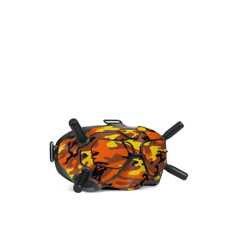 DJI FPV Goggles V2 Skin design of Military camouflage, Orange, Pattern, Camouflage, Yellow, Brown, Uniform, Design, Tree, Wildlife, with red, green, black colors