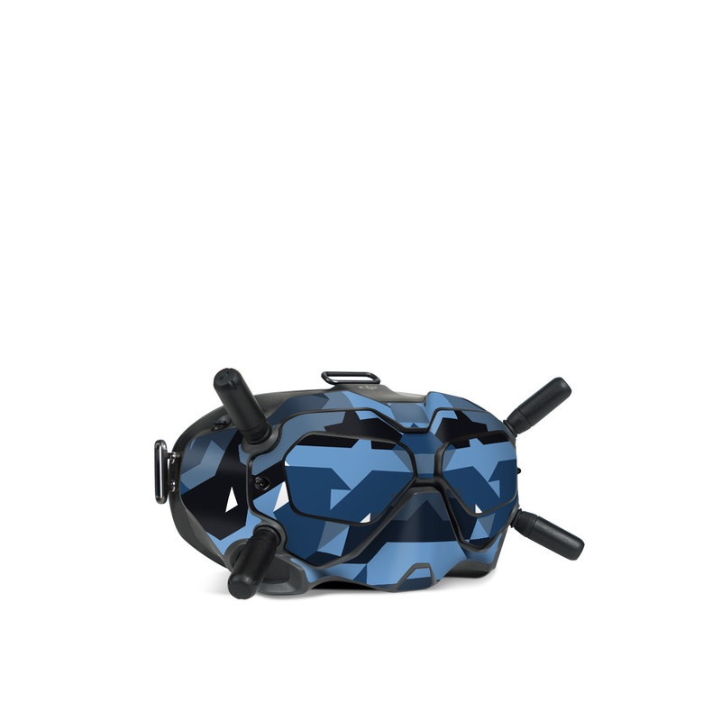DJI FPV Goggles V2 Skin design of Blue, Pattern, Design, Font, Line, Camouflage, Illustration, Triangle, with blue, black, white, gray colors
